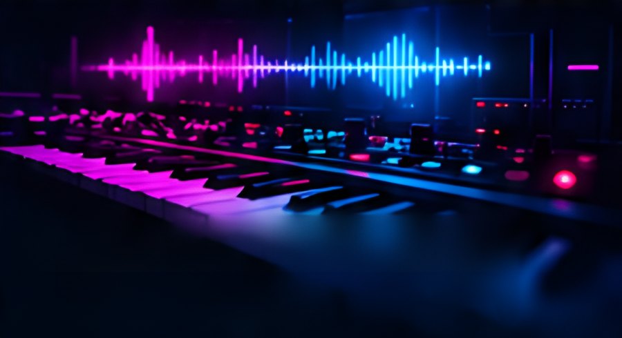 Synthesizer-Keyboard mit leuchtender Klangwelle