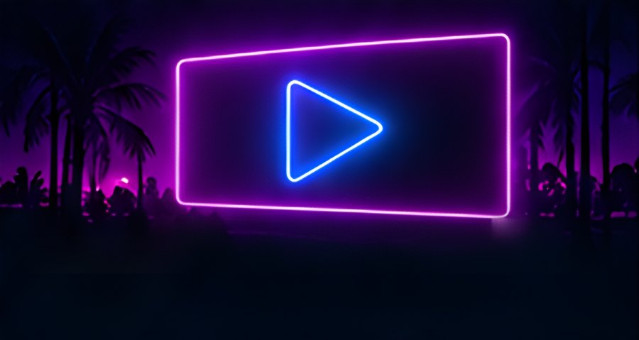 Neon-Play-Symbol vor Palmen